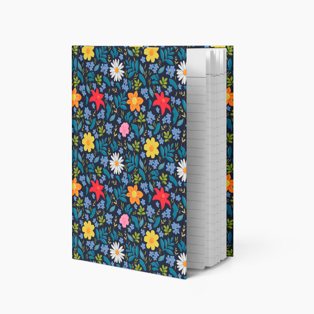 Hardcover journal with blue floral patterned cover design and lined pages on a white background