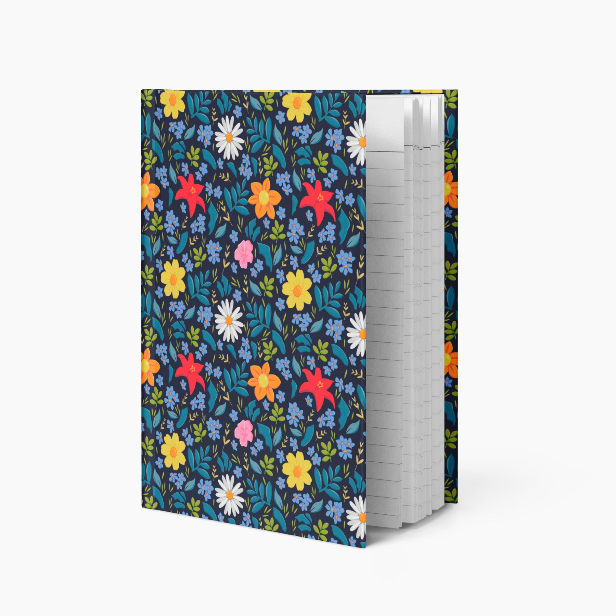Hardcover journal with blue floral patterned cover design and lined pages on a white background