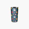 Tumbler with blue floral pattern on a white background