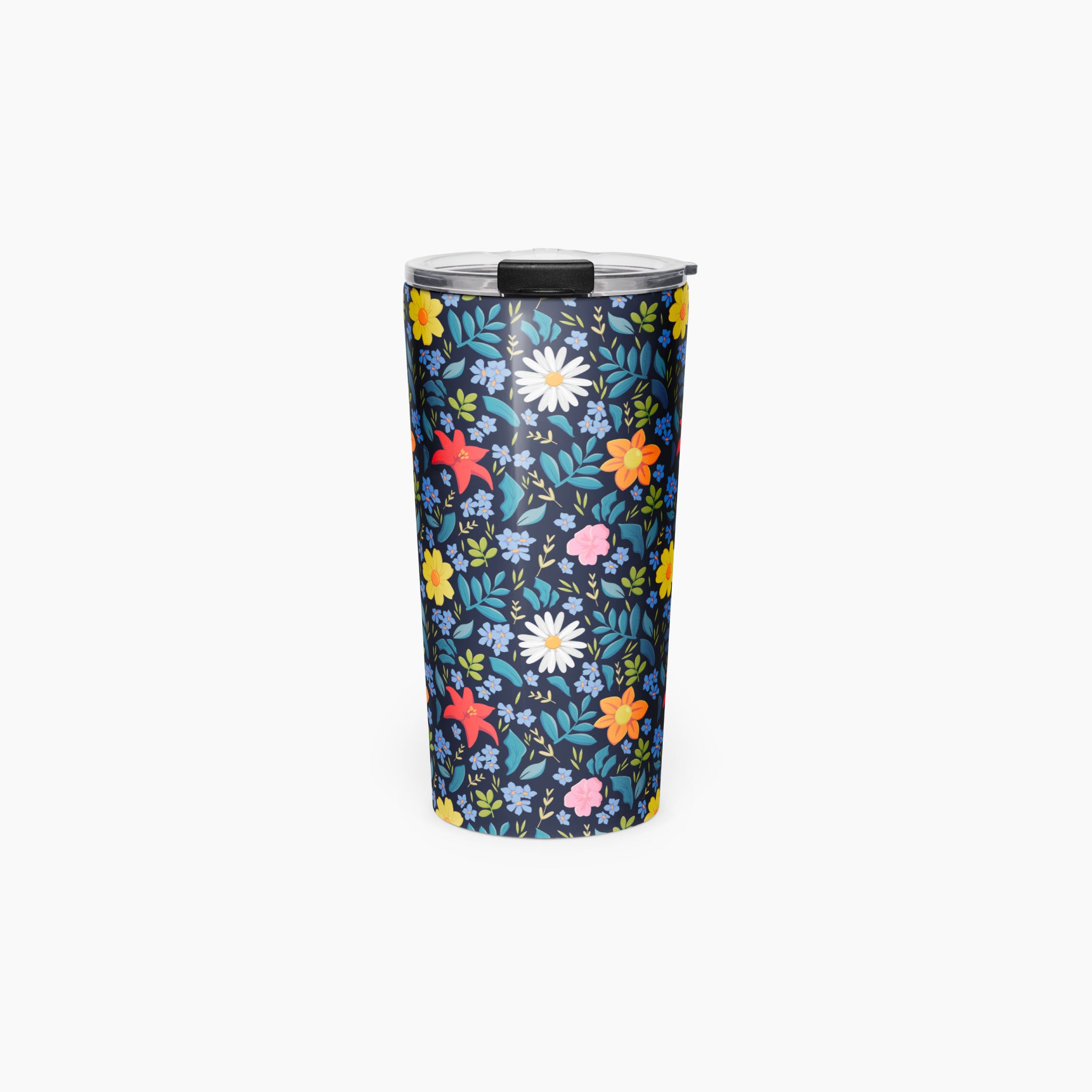 Tumbler with blue floral pattern on a white background