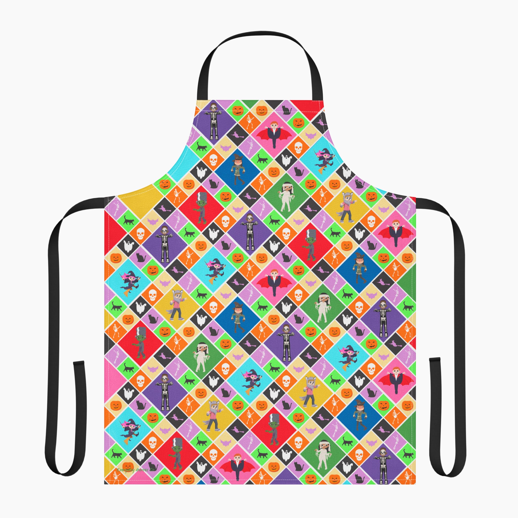 The front of a chef's apron with black straps with an all-over custom print pattern featuring a Halloween-themed diamond pattern with pumpkins, ghosts, bats, a skeleton, and cartoon kids in costumes, shown on a light gray background.