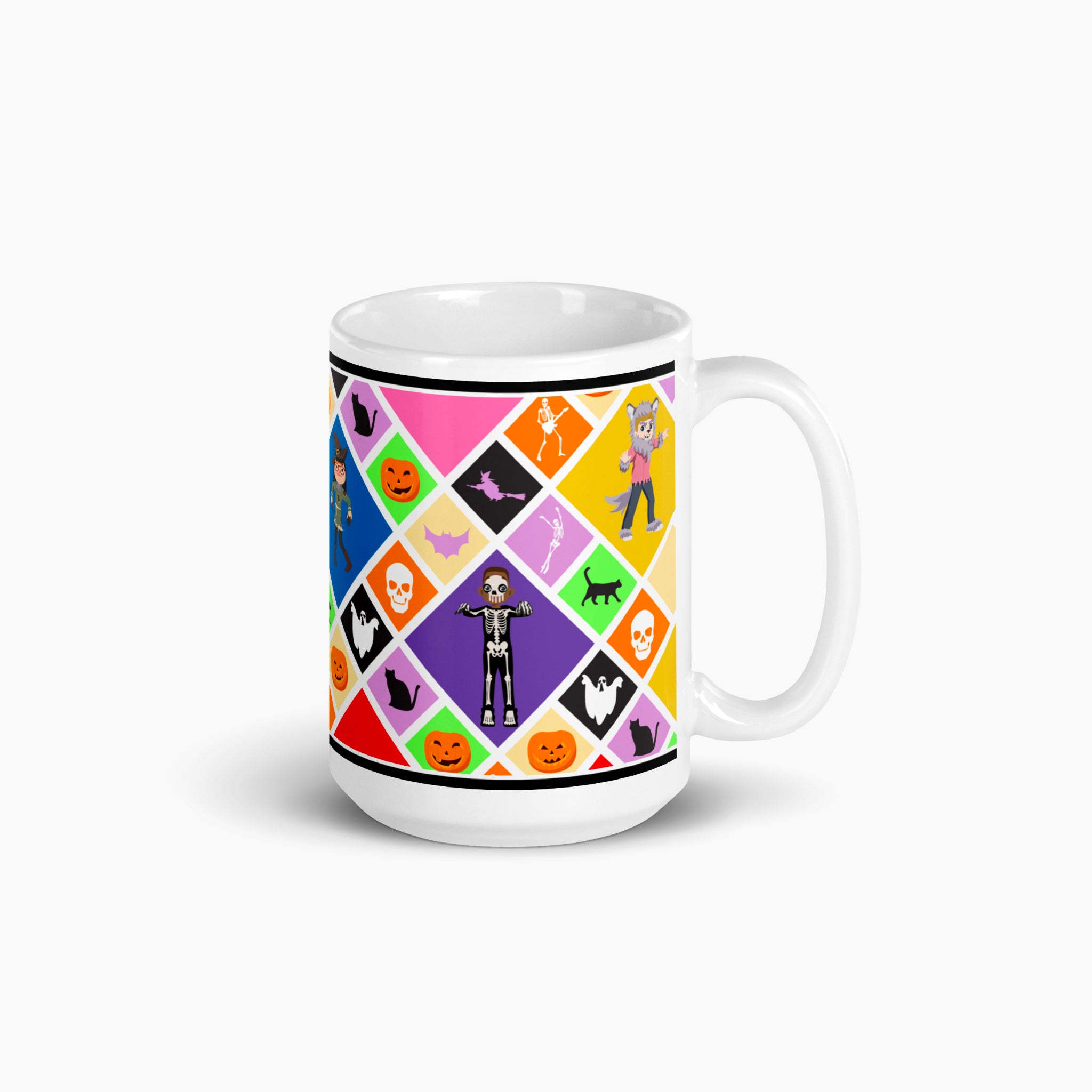 A white ceramic mug with a colorful Halloween-themed diamond pattern featuring pumpkins, ghosts, bats, a skeleton, and cartoon kids in costumes, shown on a light gray background.
