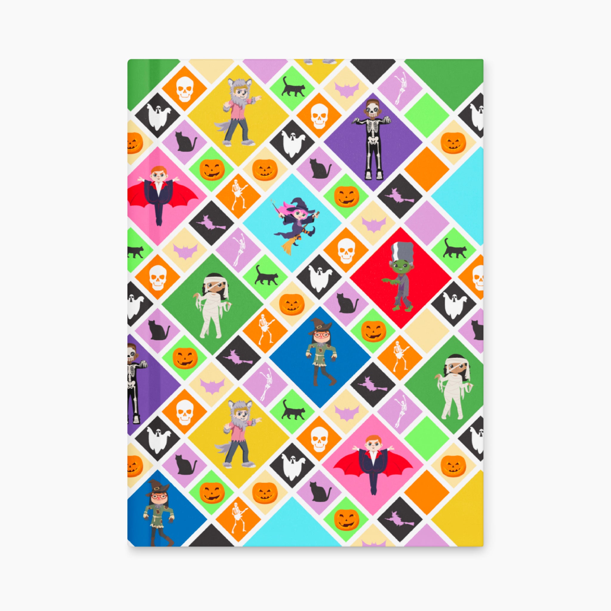 A rectangular art print or poster featuring a colorful Halloween-themed diamond pattern with cartoon characters, bats, skulls, pumpkins, ghosts, witches, and cartoon kids in costume, shown against a plain light grey background.