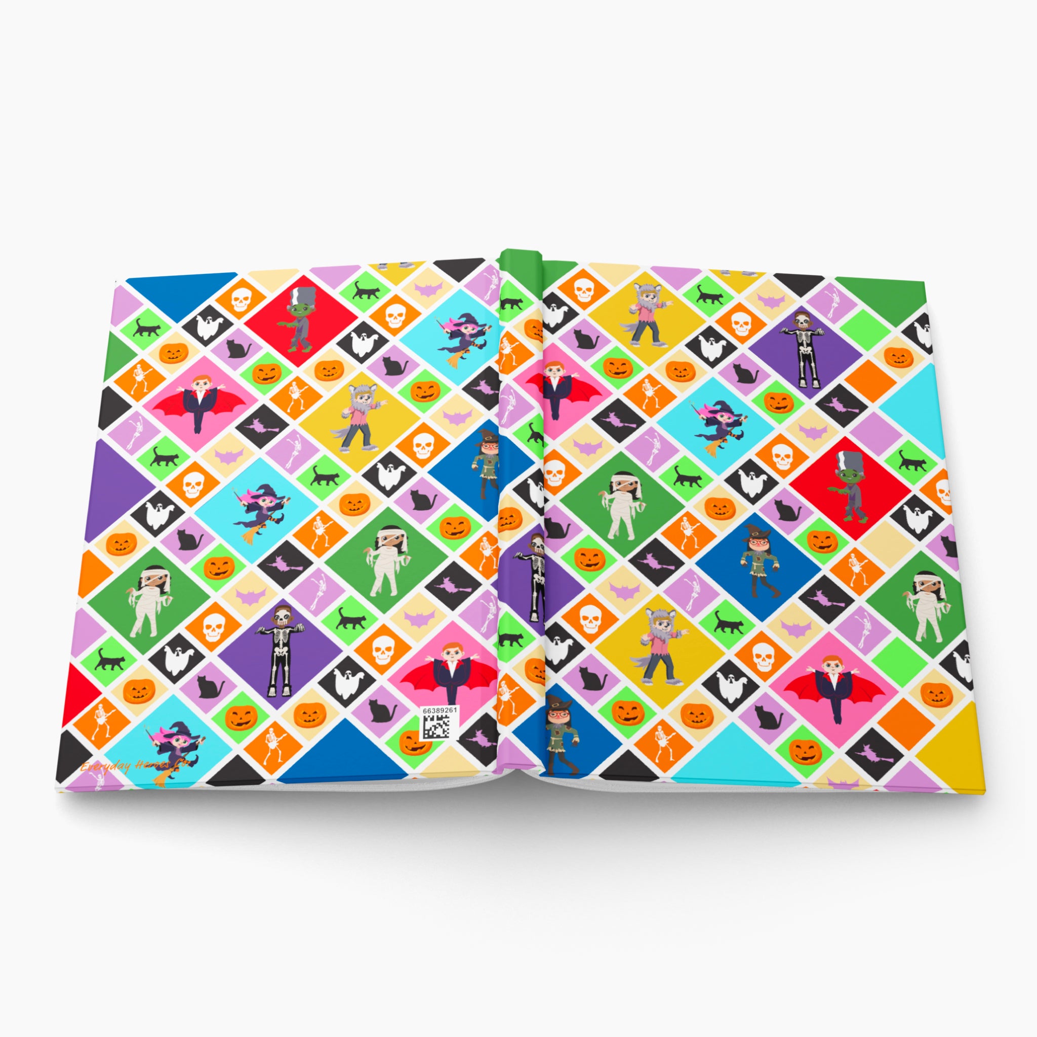 An open hardcover notebook or journal displaying a vibrant, repeating Halloween-themed pattern on its pages. The pattern consists of colorful diamond tiles featuring illustrations of witches, ghosts, skeletons, pumpkins, cats, and cartoon kids costumes, shown on a light grey background.