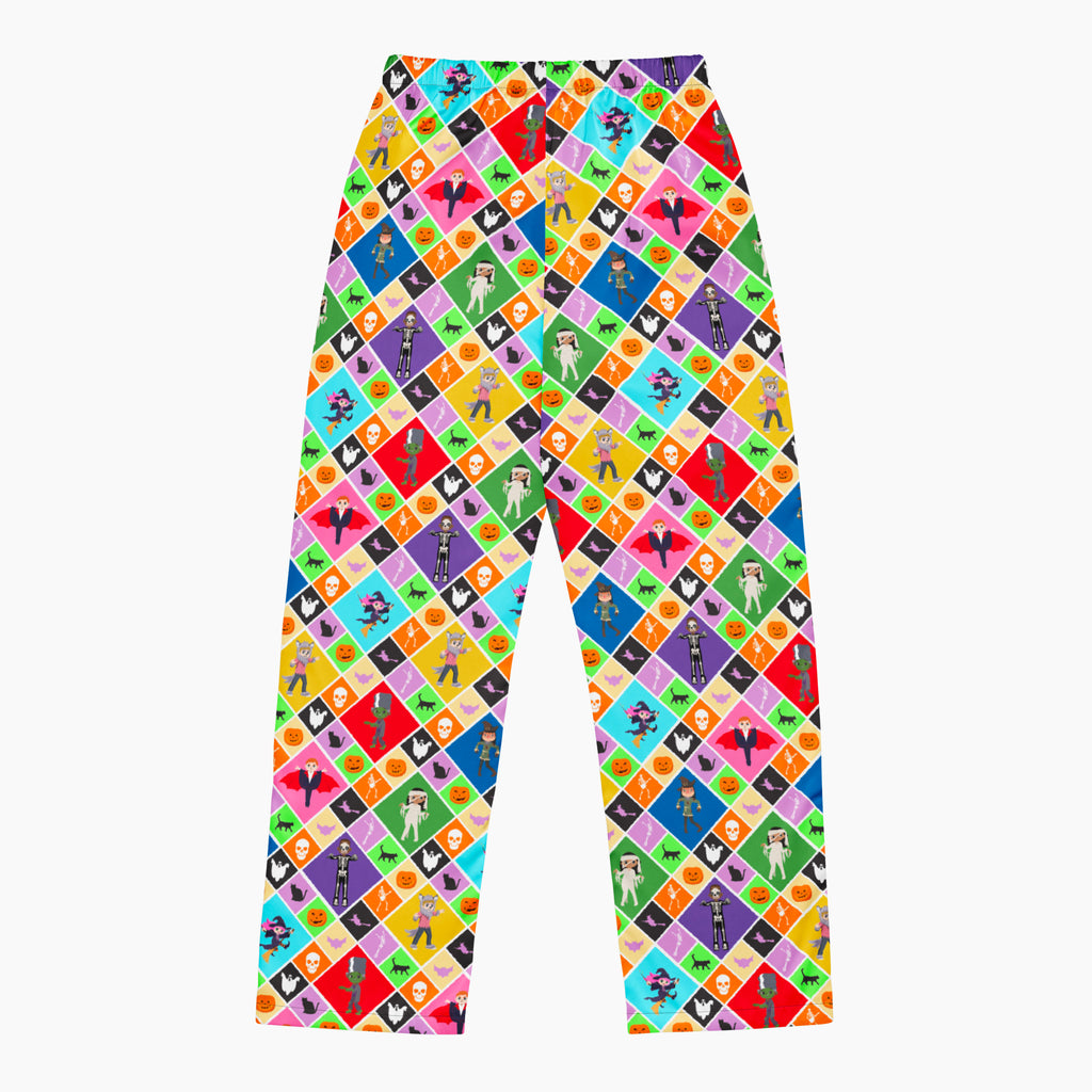 The back of a pair of colorful pajama pants with an all-over geometric pattern of repeating diamonds in multiple bright colors, featuring halloween themed pumpkins, skulls, batts, cats, witches, ghosts, and cartoon kids in costumes shown flat against a light gray background.