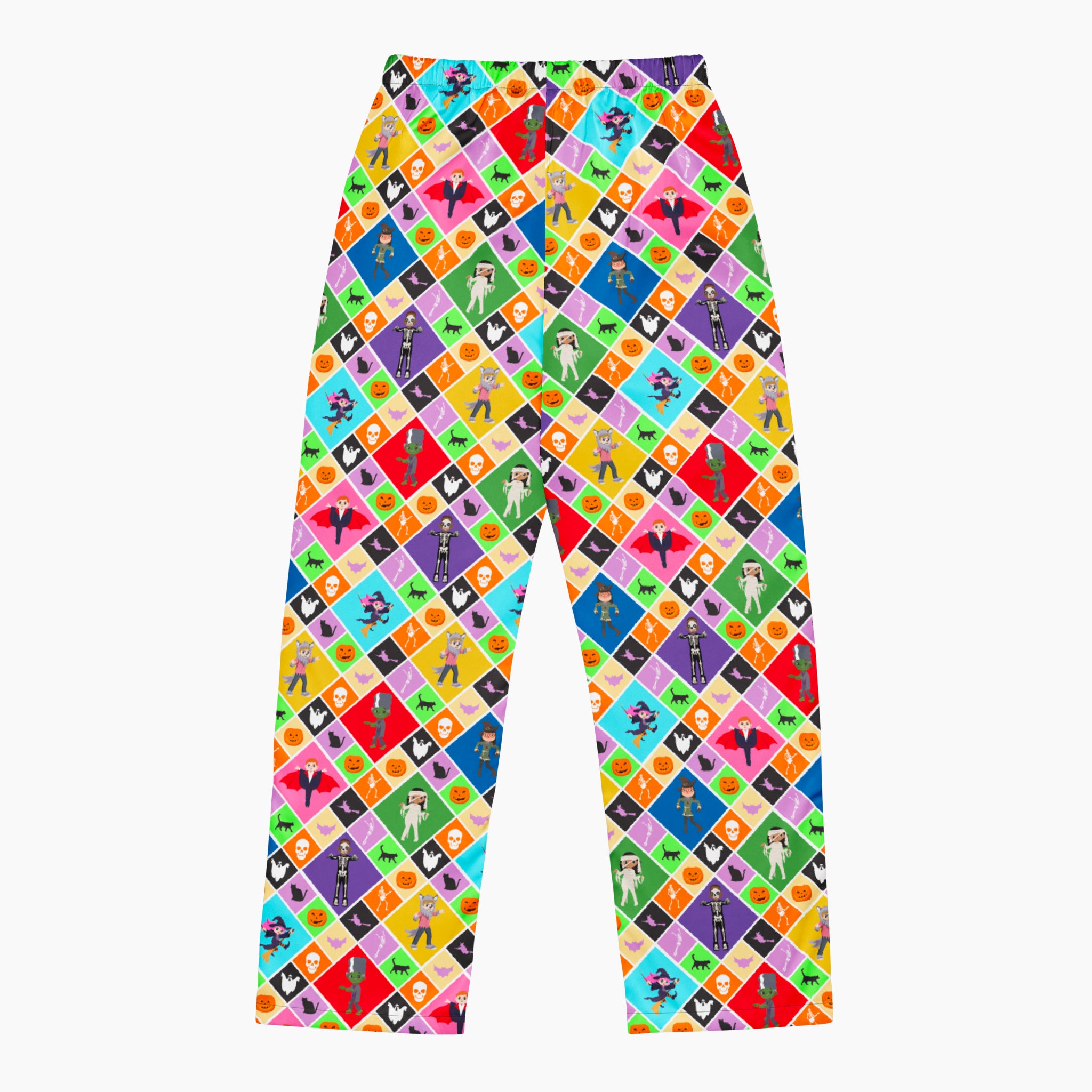 The back of a pair of colorful pajama pants with an all-over geometric pattern of repeating diamonds in multiple bright colors, featuring halloween themed pumpkins, skulls, batts, cats, witches, ghosts, and cartoon kids in costumes shown flat against a light gray background.