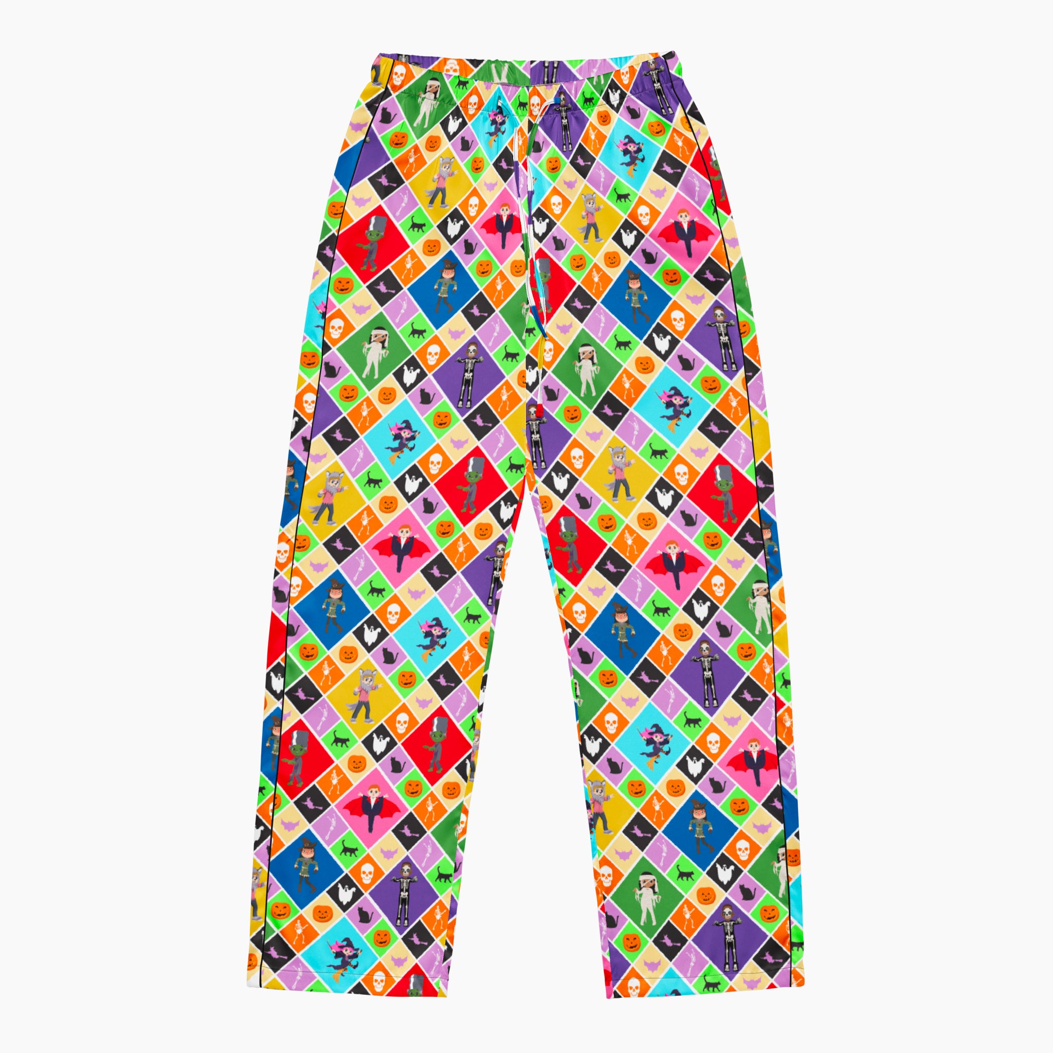 The front of a pair of colorful pajama pants with an all-over geometric pattern of repeating diamonds in multiple bright colors, featuring halloween themed pumpkins, skulls, batts, cats, witches, ghosts, and cartoon kids in costumes shown flat against a light gray background.