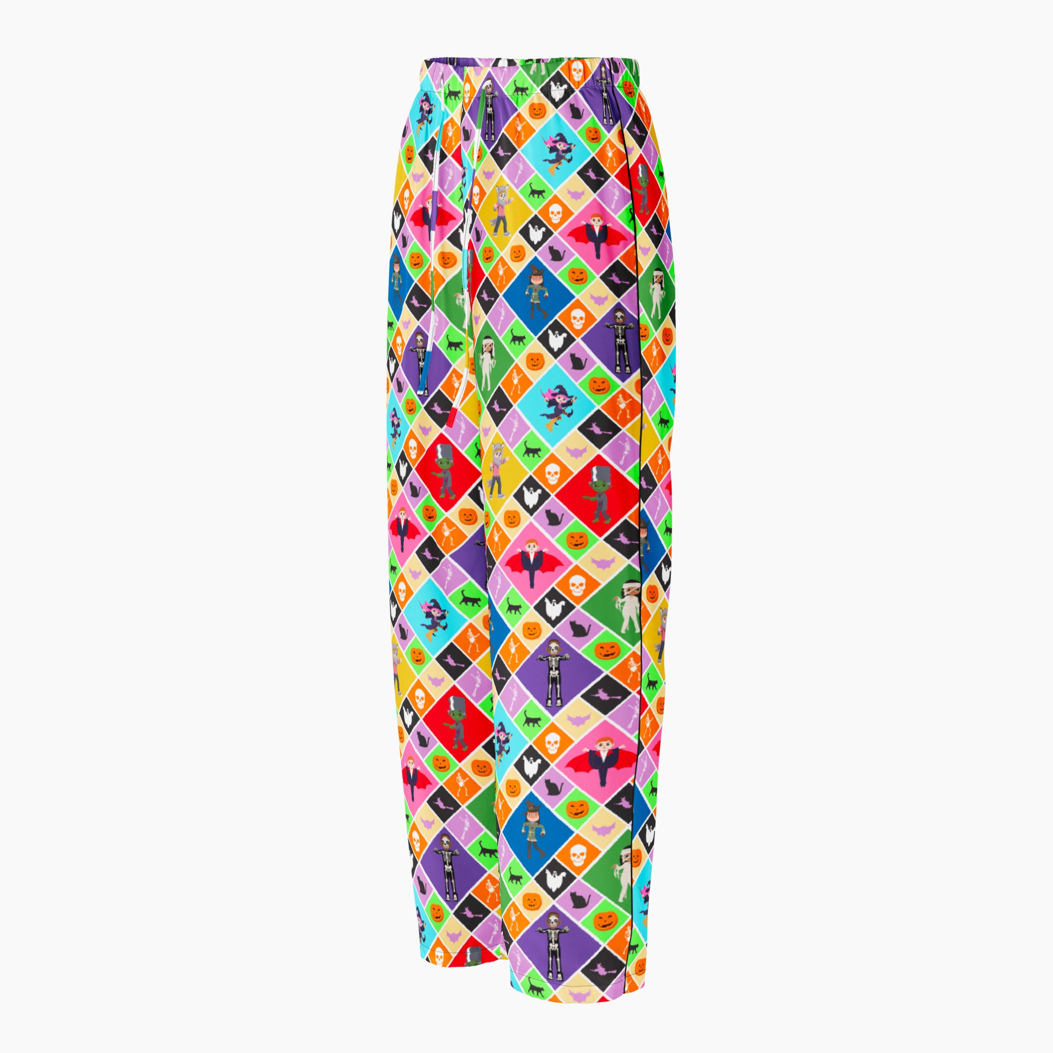 The side profile of a pair of colorful pajama pants with an all-over geometric pattern of repeating diamonds in multiple bright colors, featuring halloween themed pumpkins, skulls, batts, cats, witches, ghosts, and cartoon kids in costumes shown flat against a light gray background.