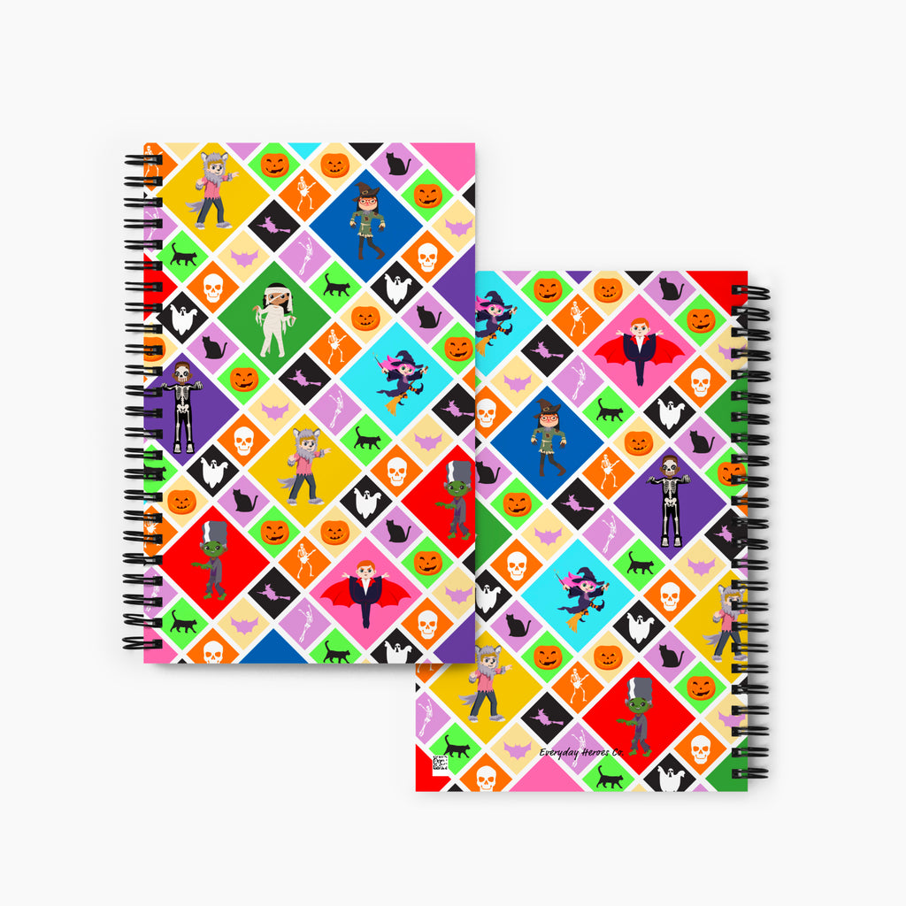 A front and back cover of a spiral-bound notebook featuring a Halloween-themed diamond pattern with pumpkins, ghosts, bats, a skeleton, and cartoon kids in costumes, shown on a light gray background.