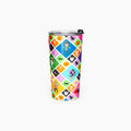 A tall insulated tumbler with a clear lid and black flip cap, covered in a colorful Halloween-themed diamond pattern featuring pumpkins, ghosts, witches, cats, and cartoon kids in halloween costumes on a light gray background.