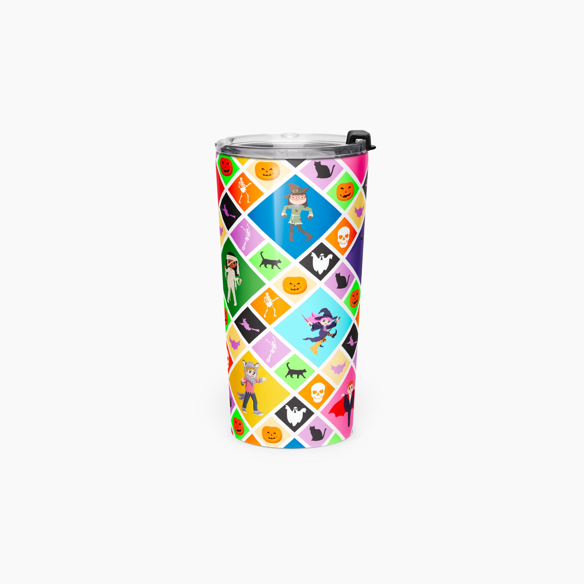 A tall insulated tumbler with a clear lid and black flip cap, covered in a colorful Halloween-themed diamond pattern featuring pumpkins, ghosts, witches, cats, and cartoon kids in halloween costumes on a light gray background.