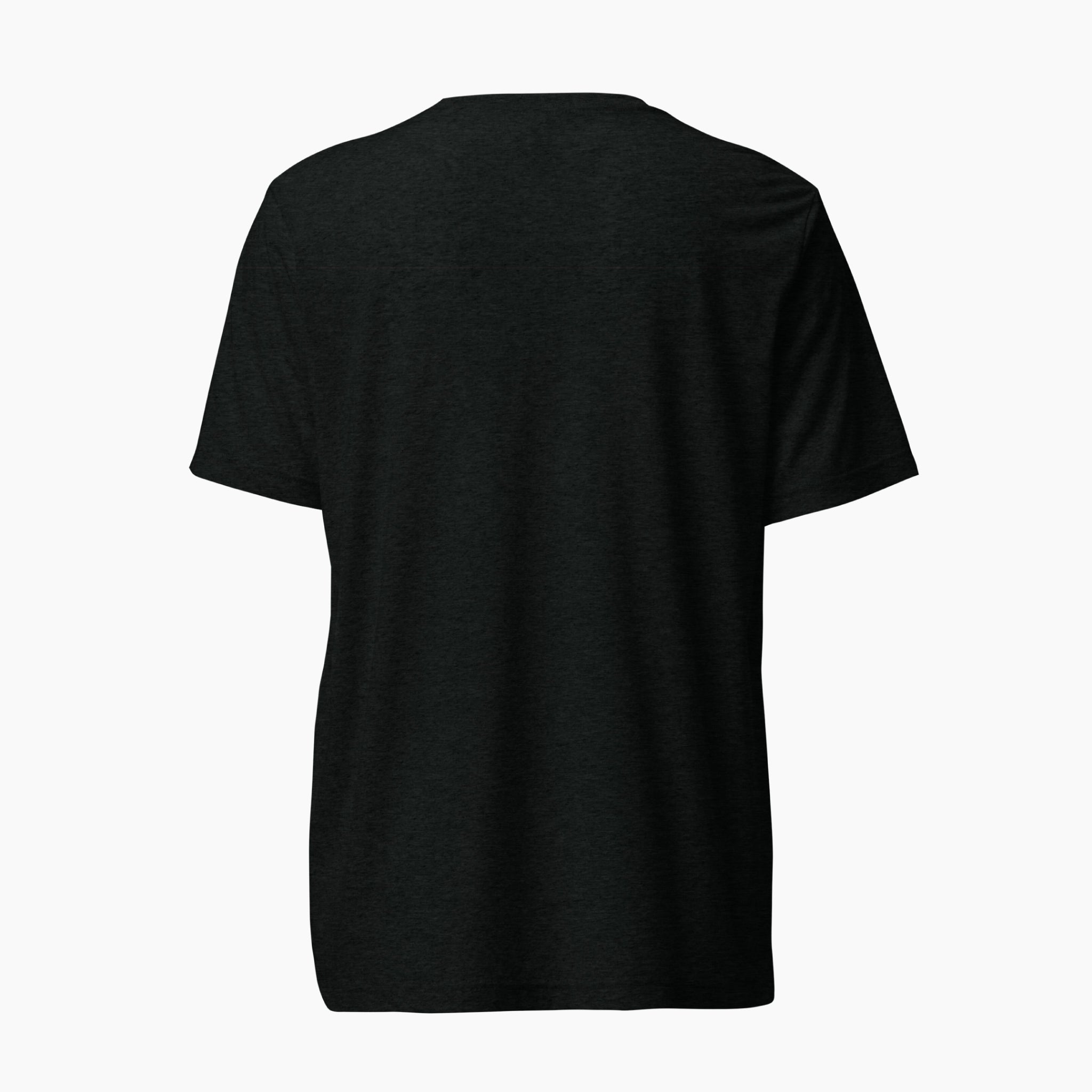 The plain back of a black short-sleeve crewneck t-shirt shown from the back, displayed on a clean light grey background.