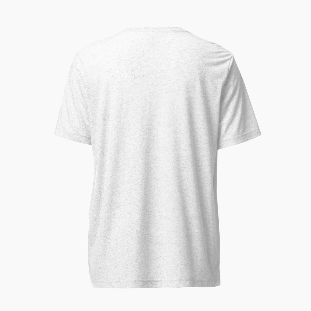  A light heather white short-sleeve t-shirt shown from the back, centered on a plain white background.