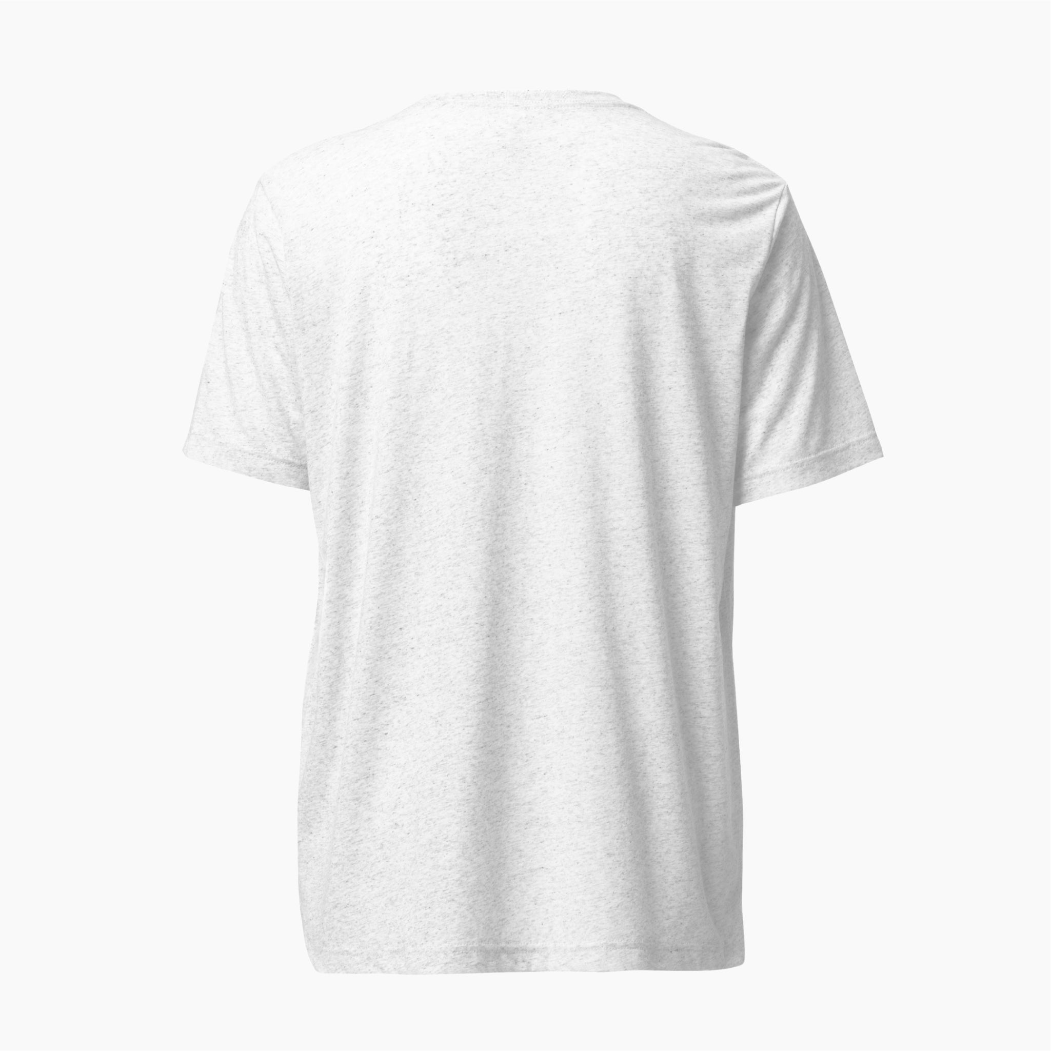 A light heather white short-sleeve t-shirt shown from the back, centered on a plain white background.