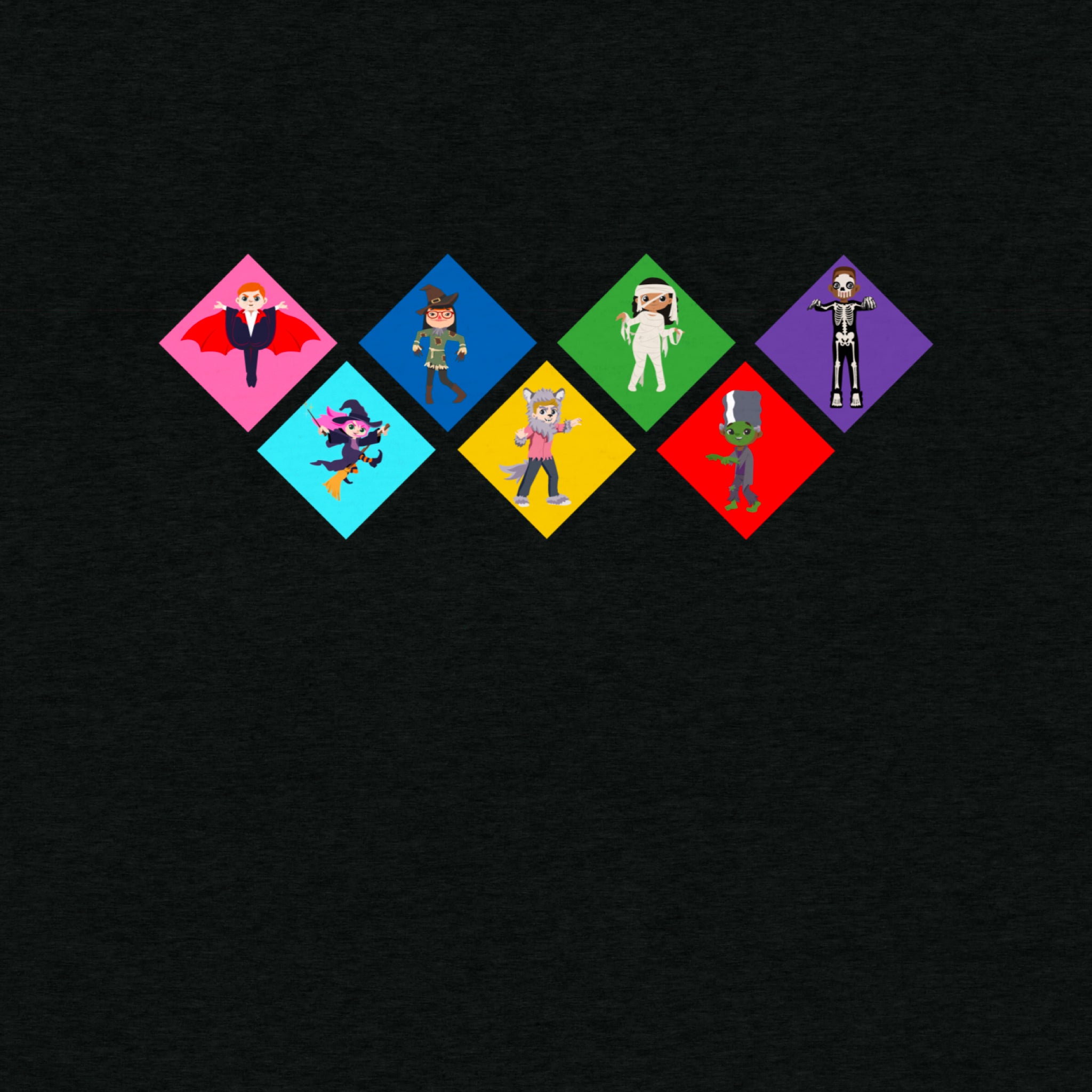 A closeup of a black short-sleeve t-shirt with a colorful graphic on the chest depicting seven diamond-shapes with various Global Game Changers cartoon kids dressed up in Halloween Costumes, shown against a plain light grey background.