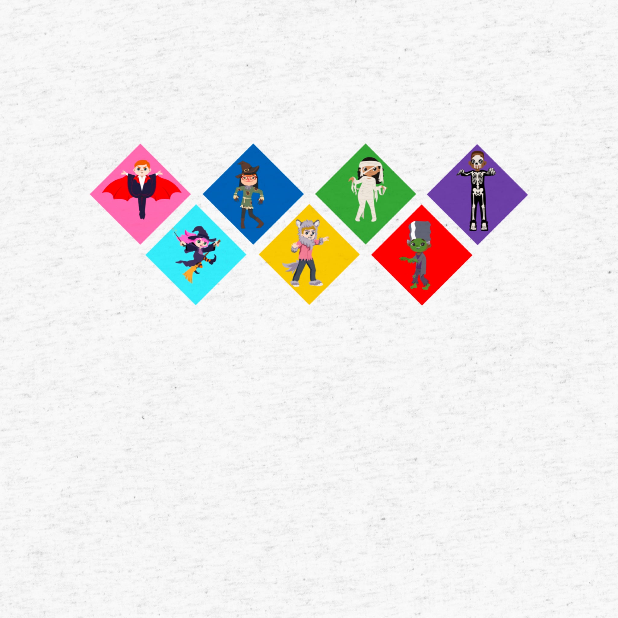 A closeup of a white short-sleeve t-shirt with a colorful graphic on the chest depicting seven diamond-shapes with various Global Game Changers cartoon kids dressed up in Halloween Costumes, shown against a plain light grey background.