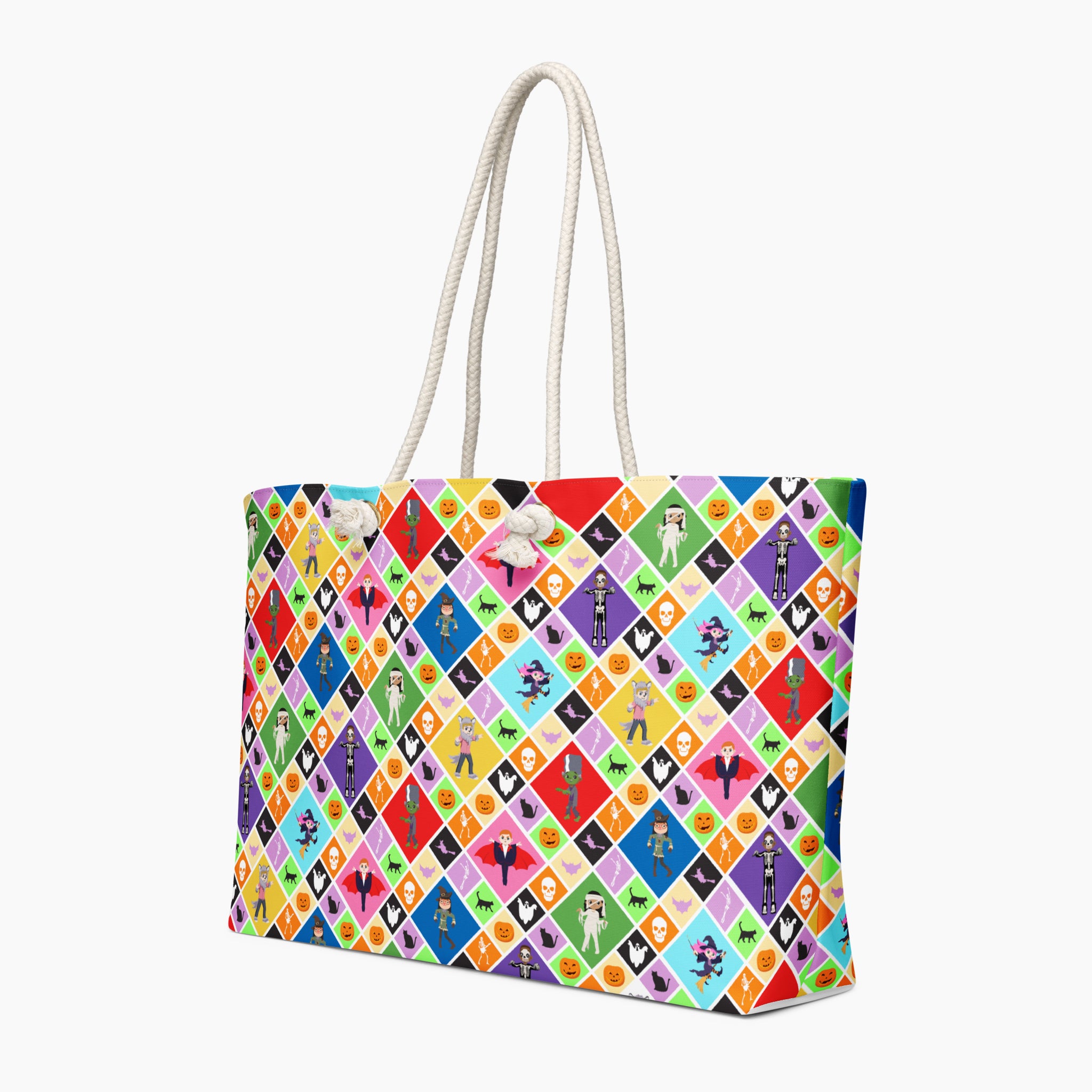 A angled side view of an oversized weekender tote bag featuring a Halloween-themed diamond pattern with pumpkins, ghosts, bats, a skeleton, and cartoon kids in costumes, shown on a light gray background.