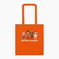 An orange canvas tote bag with orange handles, featuring a graphic of four cartoon monsters and the text 'MONSTERS ASSEMBLE!' printed on the front, set against a plain light grey background.