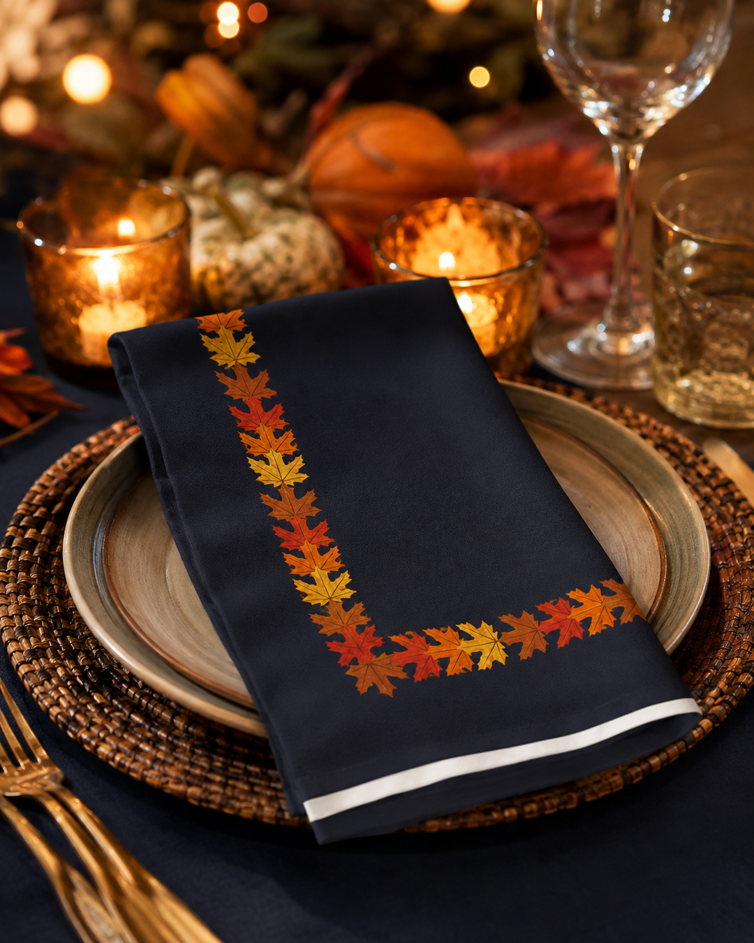 A navy blue folded cloth napkin with a border of autumn leaves in orange, brown, yellow, and red, styled on a place setting with a woven placemat, ceramic plates, gold-toned cutlery, and warm candlelight.