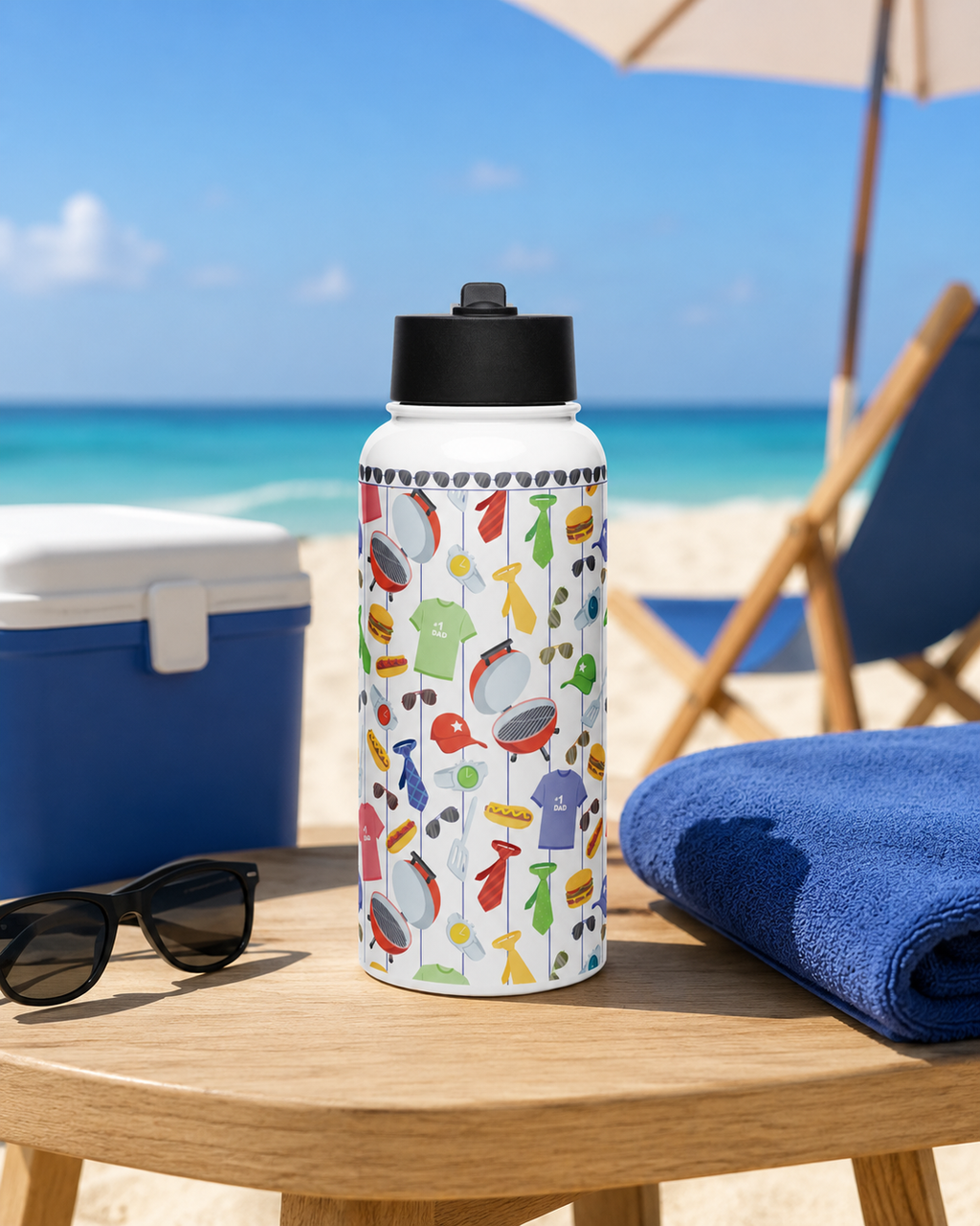 Colorful water bottle with dad-themed design on a table by the ocean.