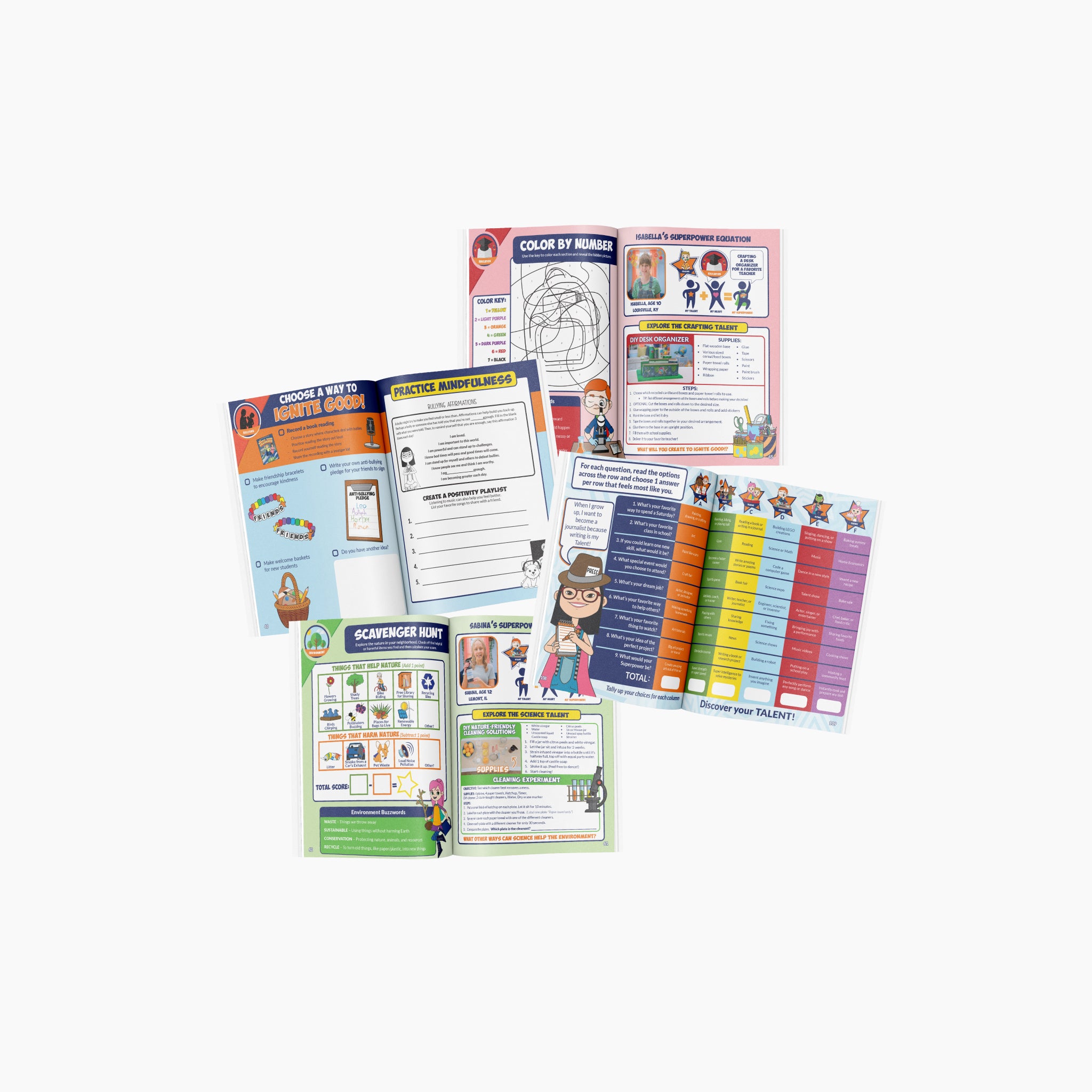 Collection of pages from the Discover Your Superpower Activity book on a white background