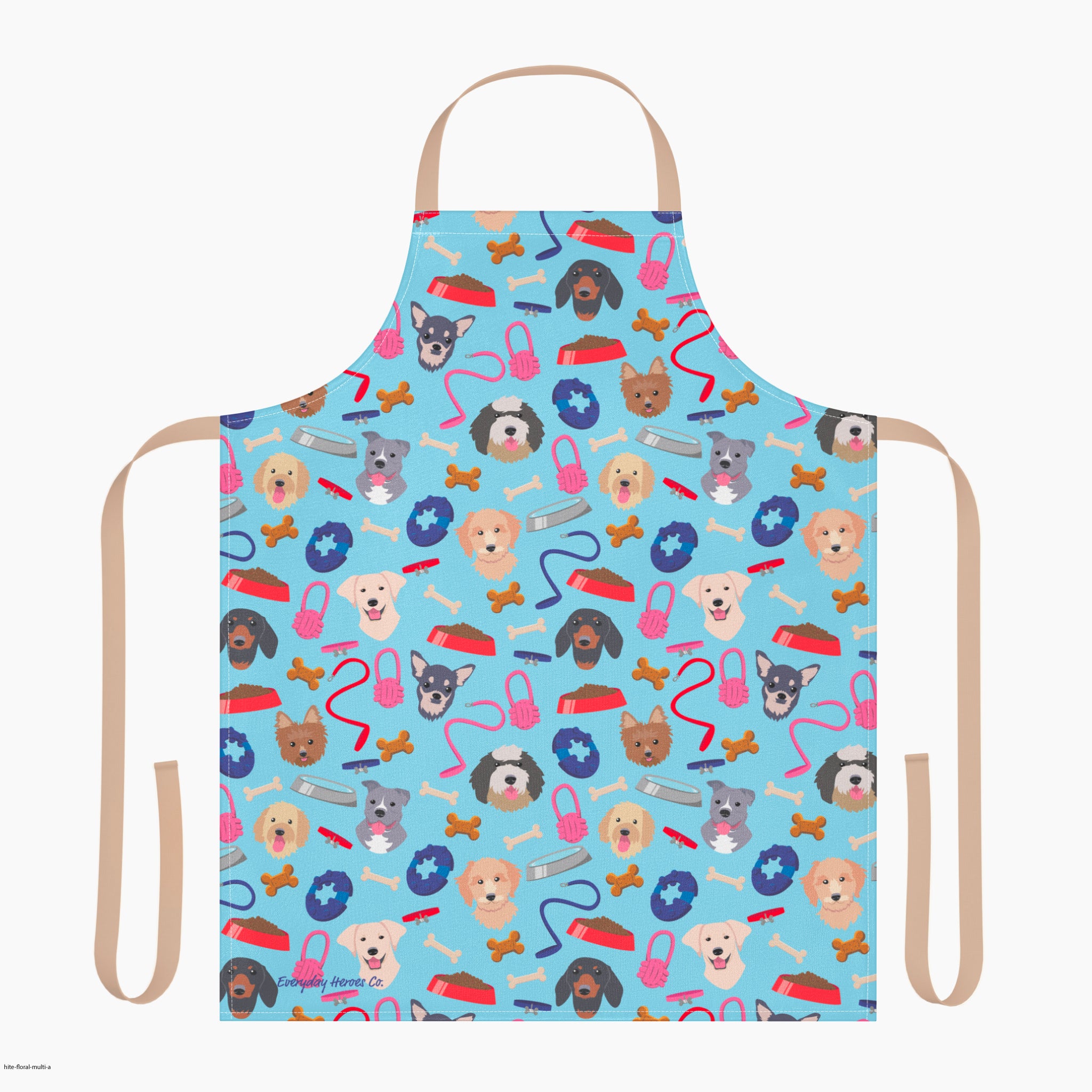 Apron with a blue dog-themed pattern on a white background 