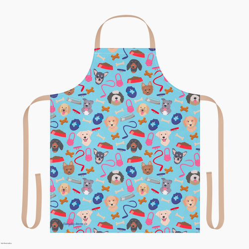 Apron with a blue dog-themed pattern on a white background 