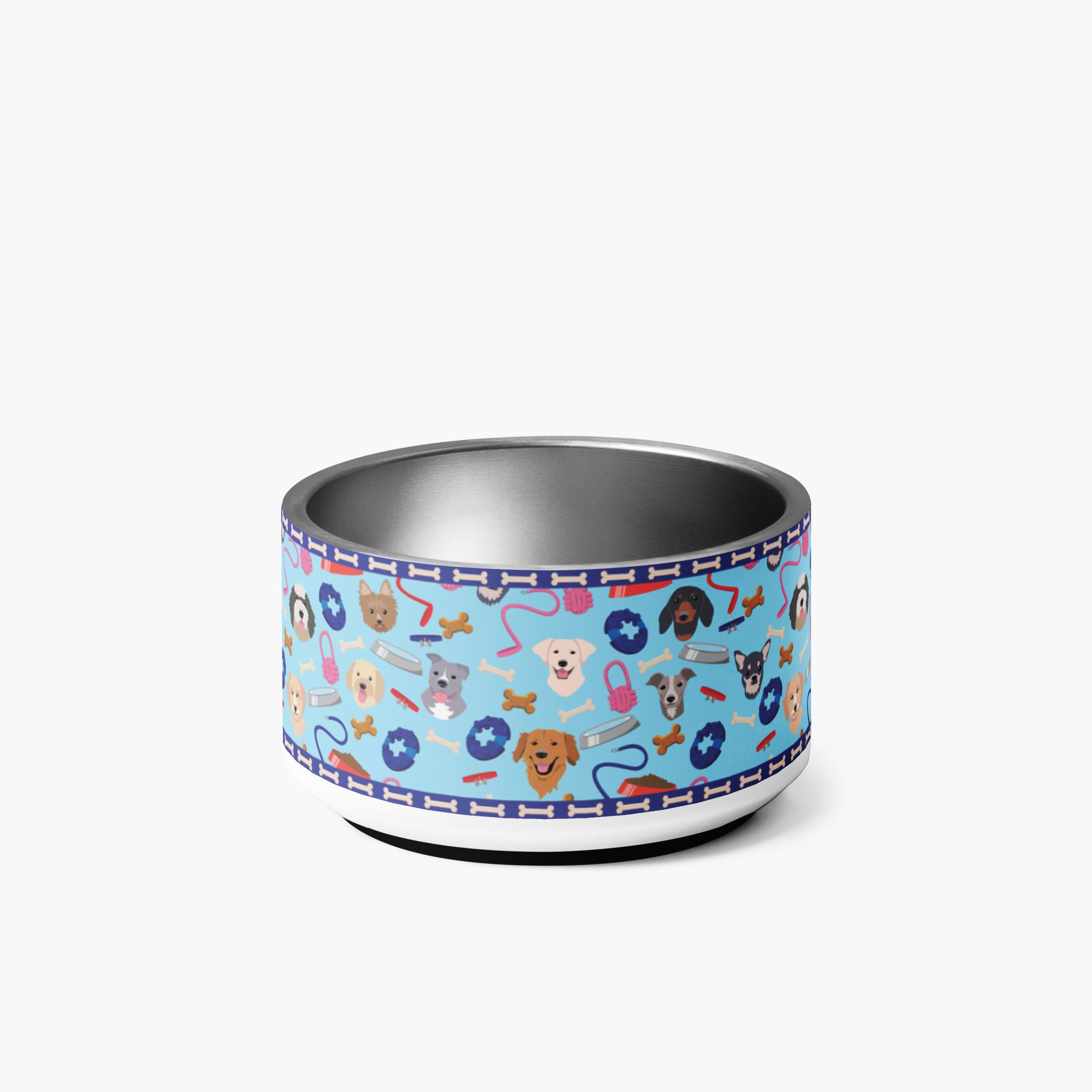 Dog bowl with blue pet-themed design on a white background