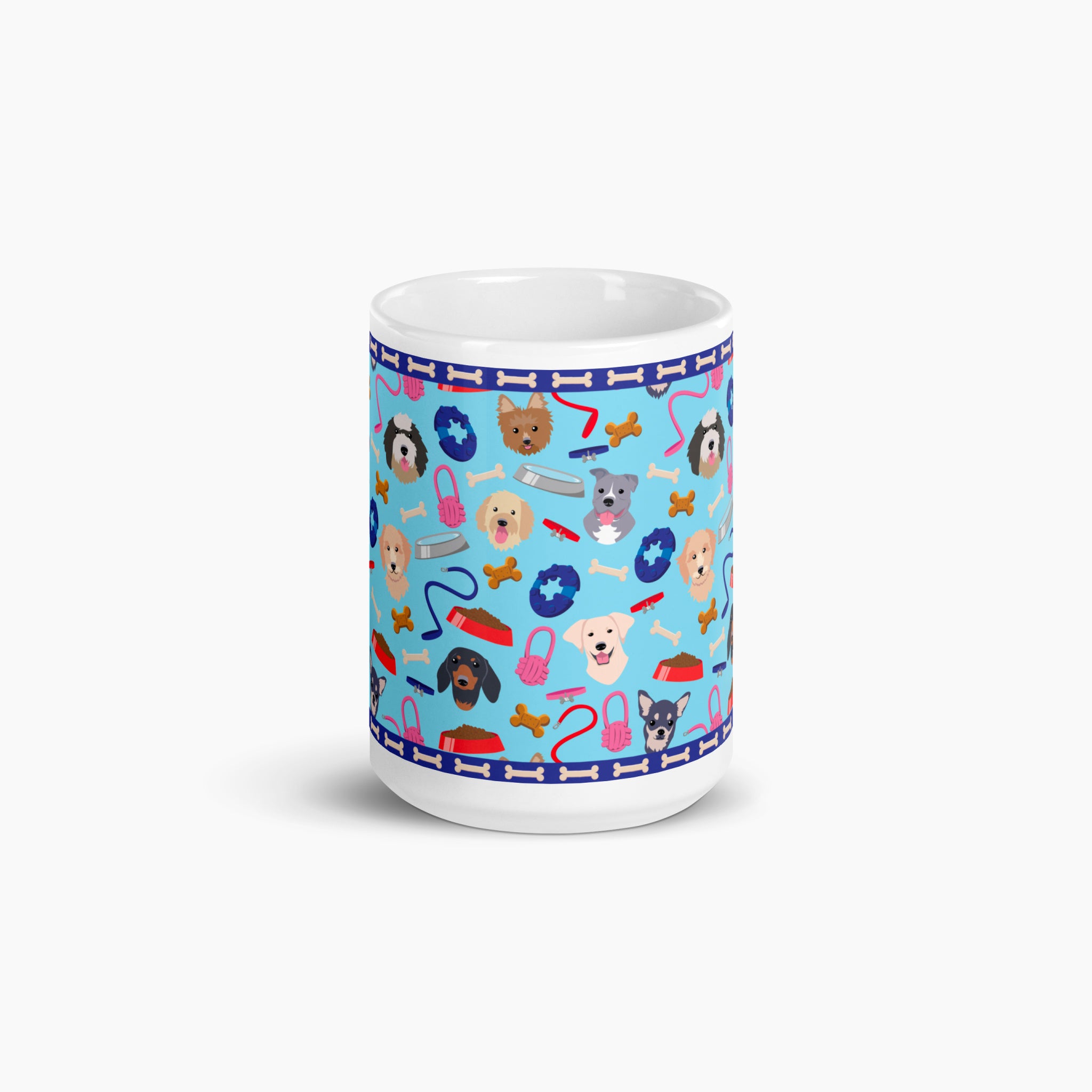 White mug with light blue dog-themed design on a white background