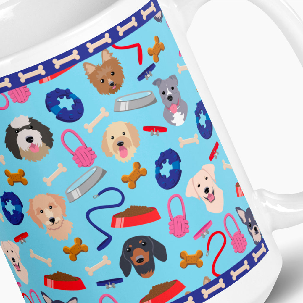 White mug with light blue dog-themed design on a white background
