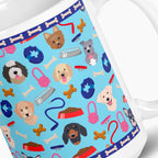 White mug with light blue dog-themed design on a white background