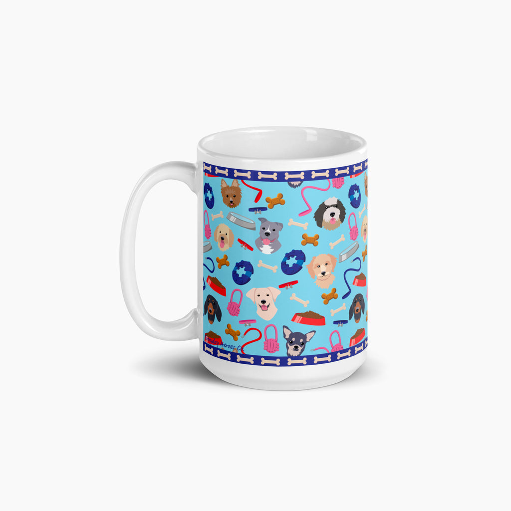 White mug with light blue dog-themed design on a white background