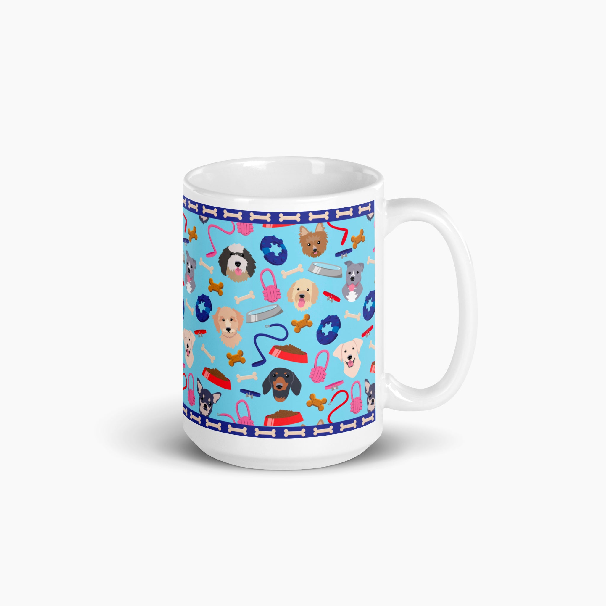 White mug with light blue dog-themed design on a white background