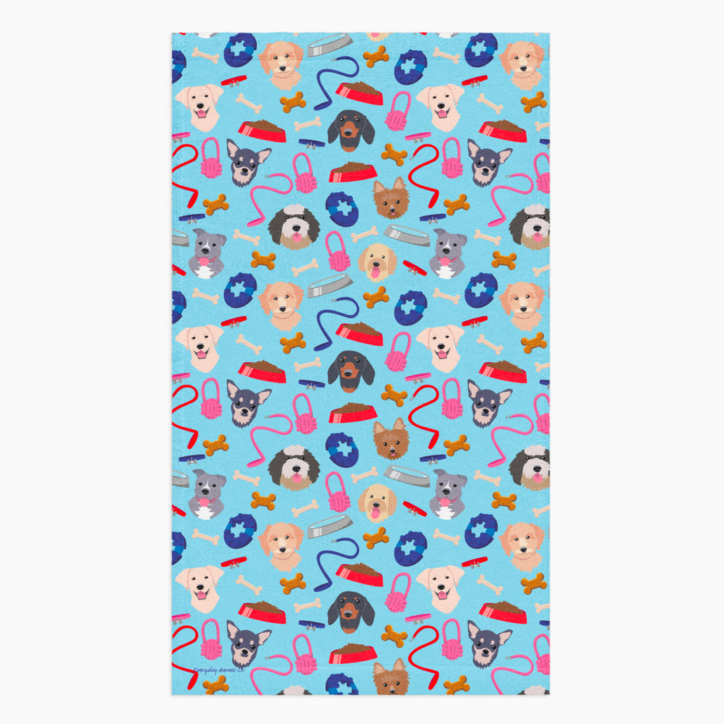 Cloth kitchen hand towel with dog gear pattern on a white background