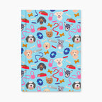 Hardcover journal with dog-themed patterned front cover design on a white background