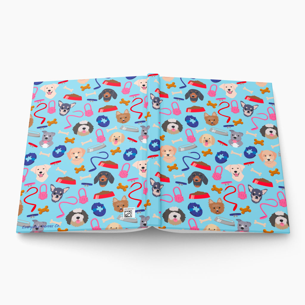 Hardcover journal with dog-themed patterned cover design on a white background