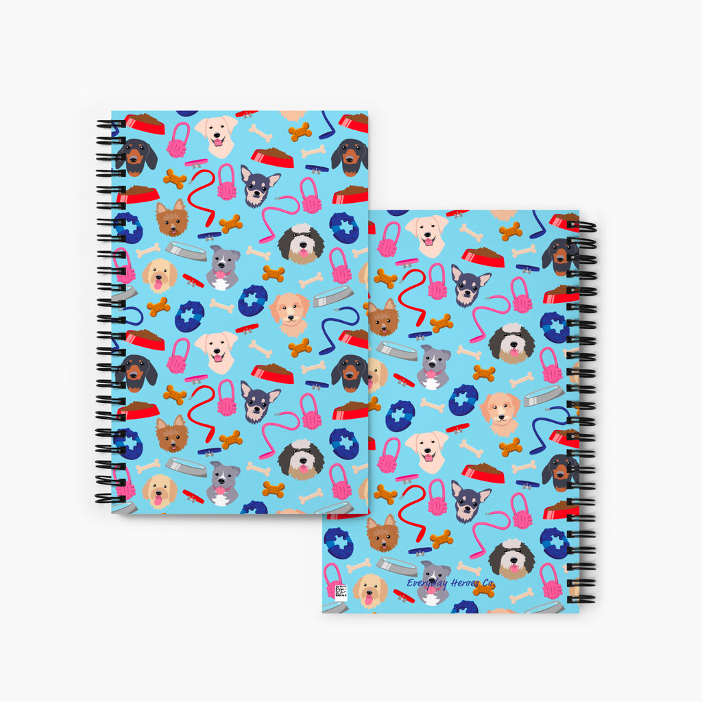 Front and Back covers of  spiral notebooks with a dog-themed cover design on a white background