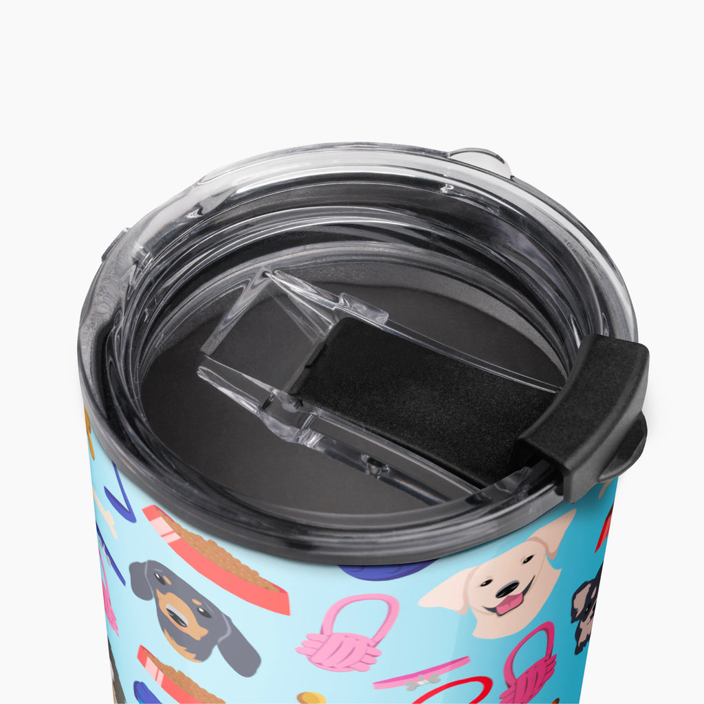 Tumbler with dog-themed pattern on a white background