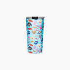 Tumbler with blue dog-themed design on a white background