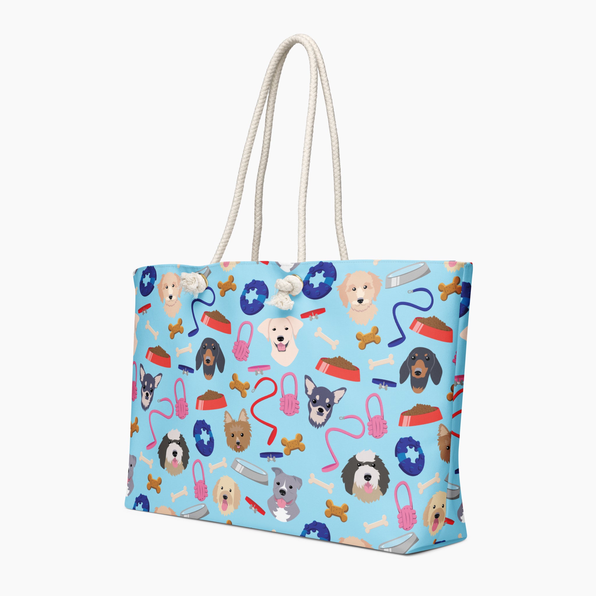 Tote bag with dog-themed pattern on a light blue background