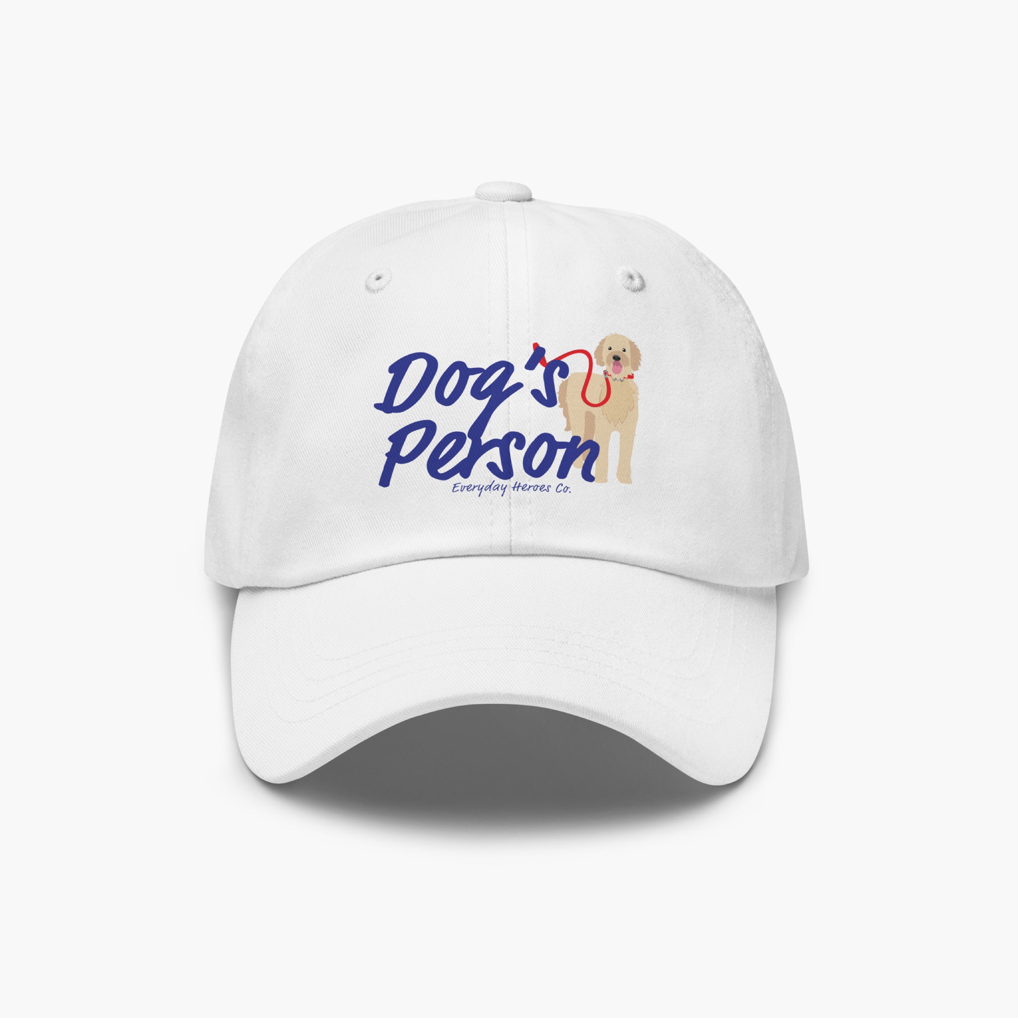 White cap with 'Dog's Person' text and dog illustration on a white background