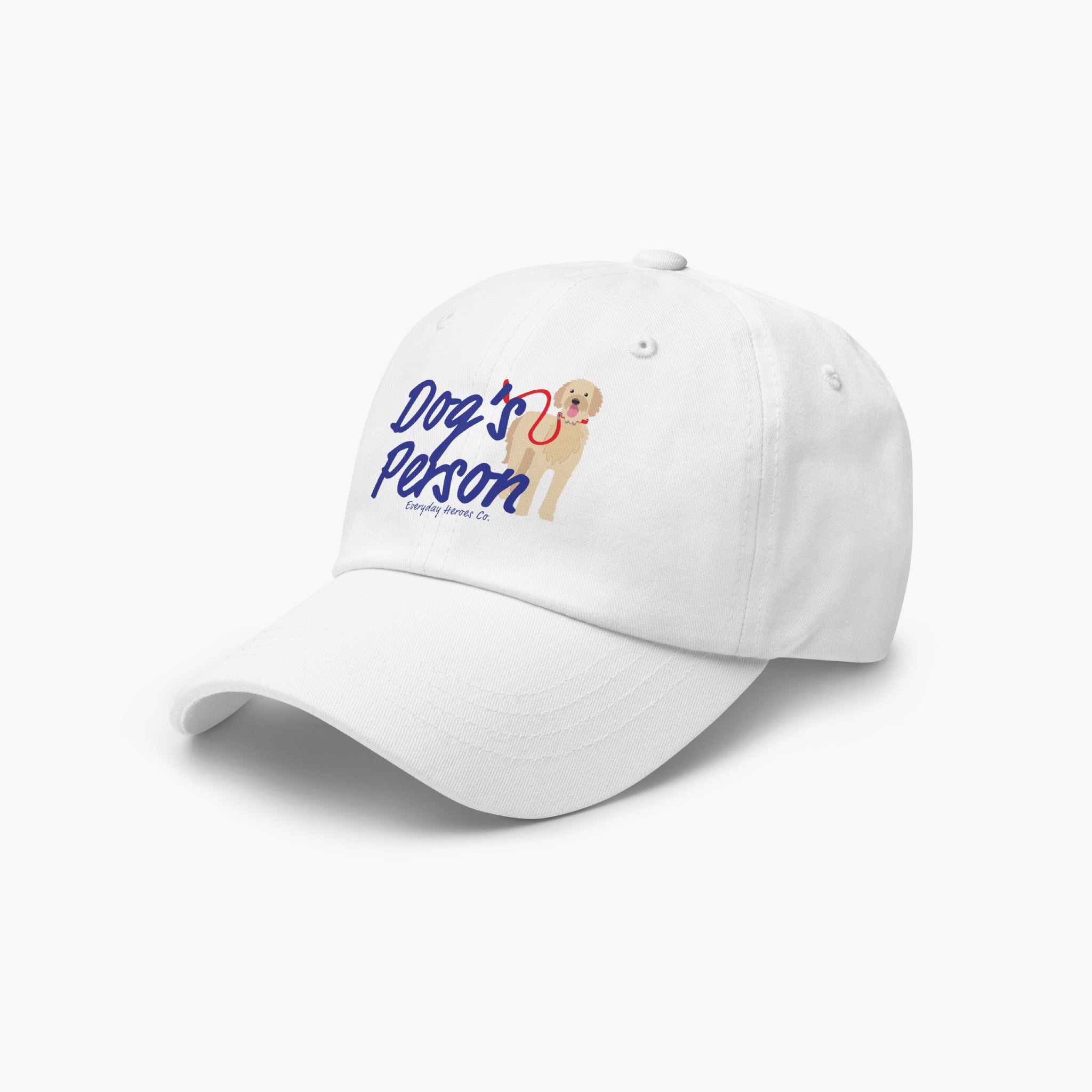 White cap with 'Dog's Person' text and dog illustration on a white background