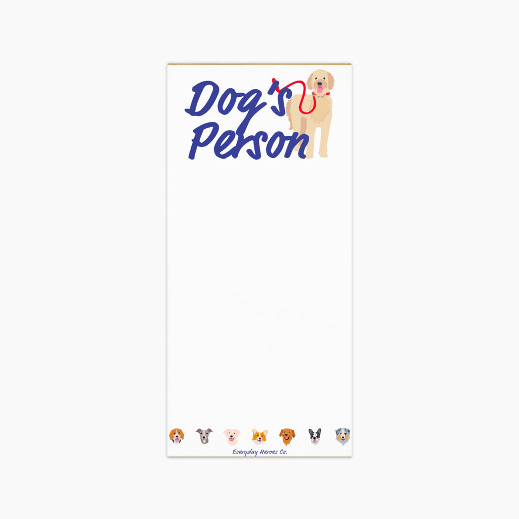 Notepad with 'Dog's Person' text and dog illustrations on a white background