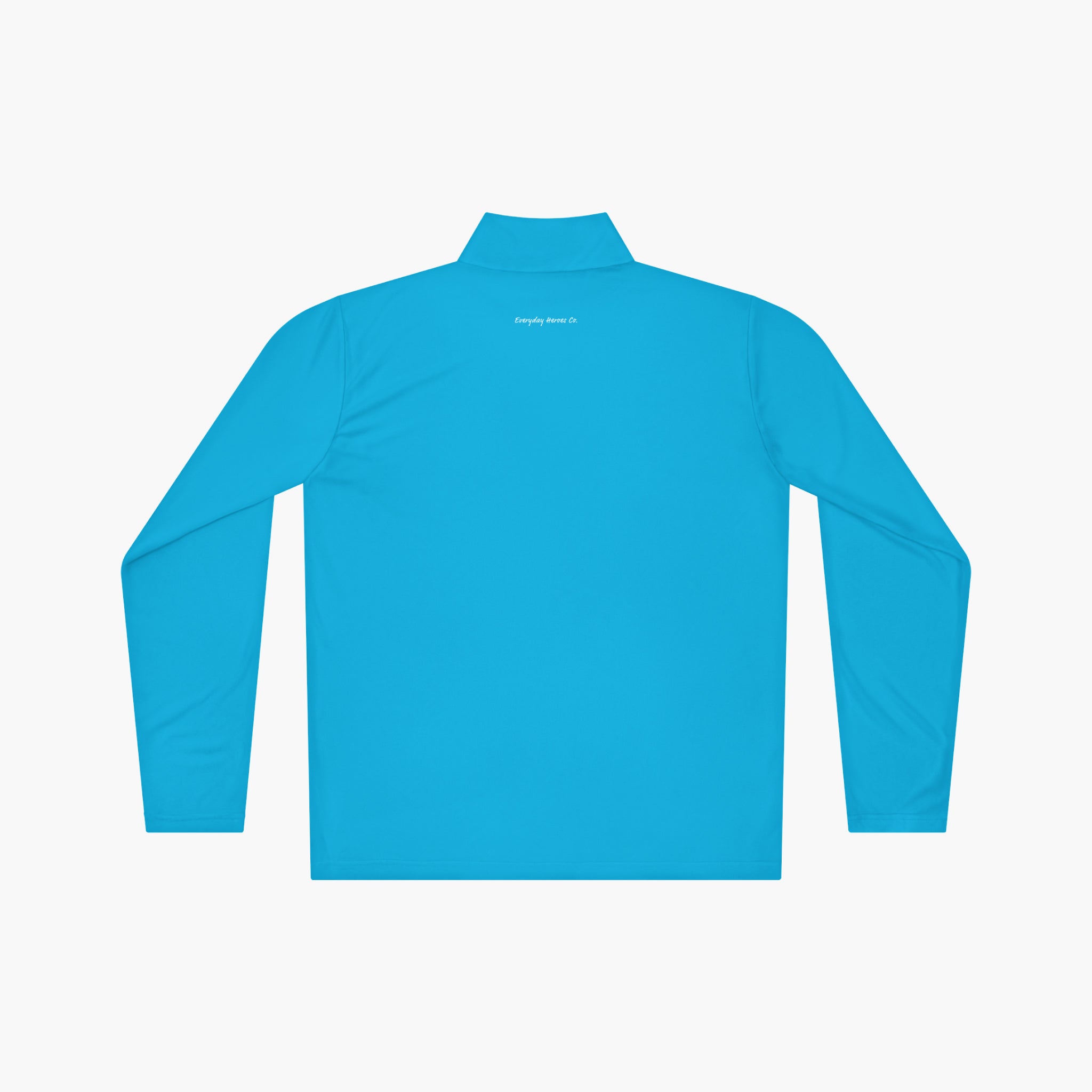 Back of cyan blue long-sleeve quarter zip with 'Everyday Heroes Co.' text and dog illustration on a white background