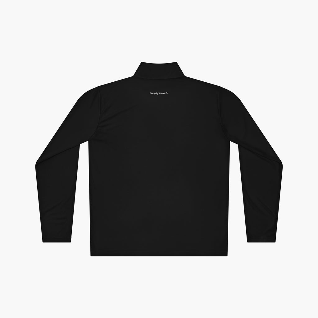Back of black long-sleeve quarter zip with 'Everyday Heroes Co.' text and dog illustration on a white background
