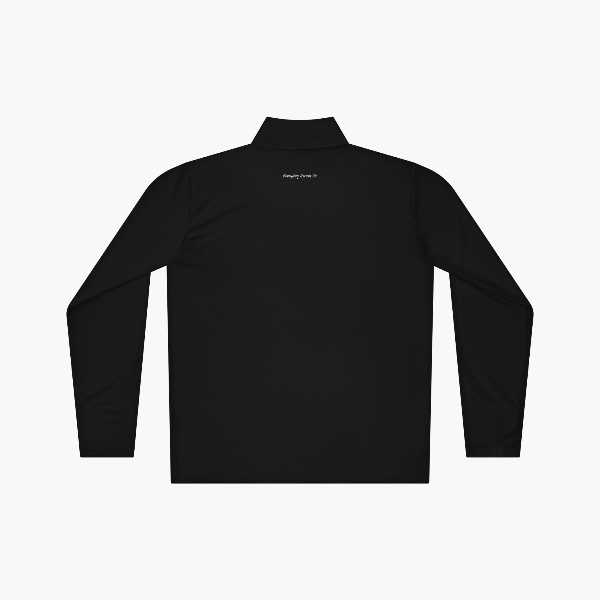 Back of black long-sleeve quarter zip with 'Everyday Heroes Co.' text and dog illustration on a white background