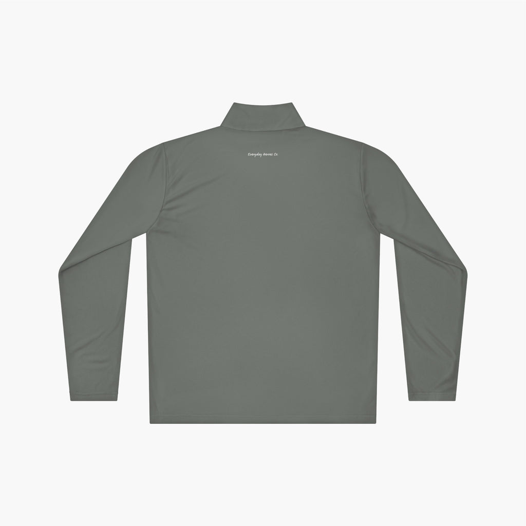 Back of Gray long-sleeve quarter zip with 'Everyday Hero' Logo text on a white background