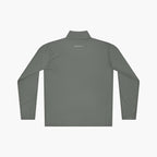 Back of Gray long-sleeve quarter zip with 'Everyday Hero' Logo text on a white background