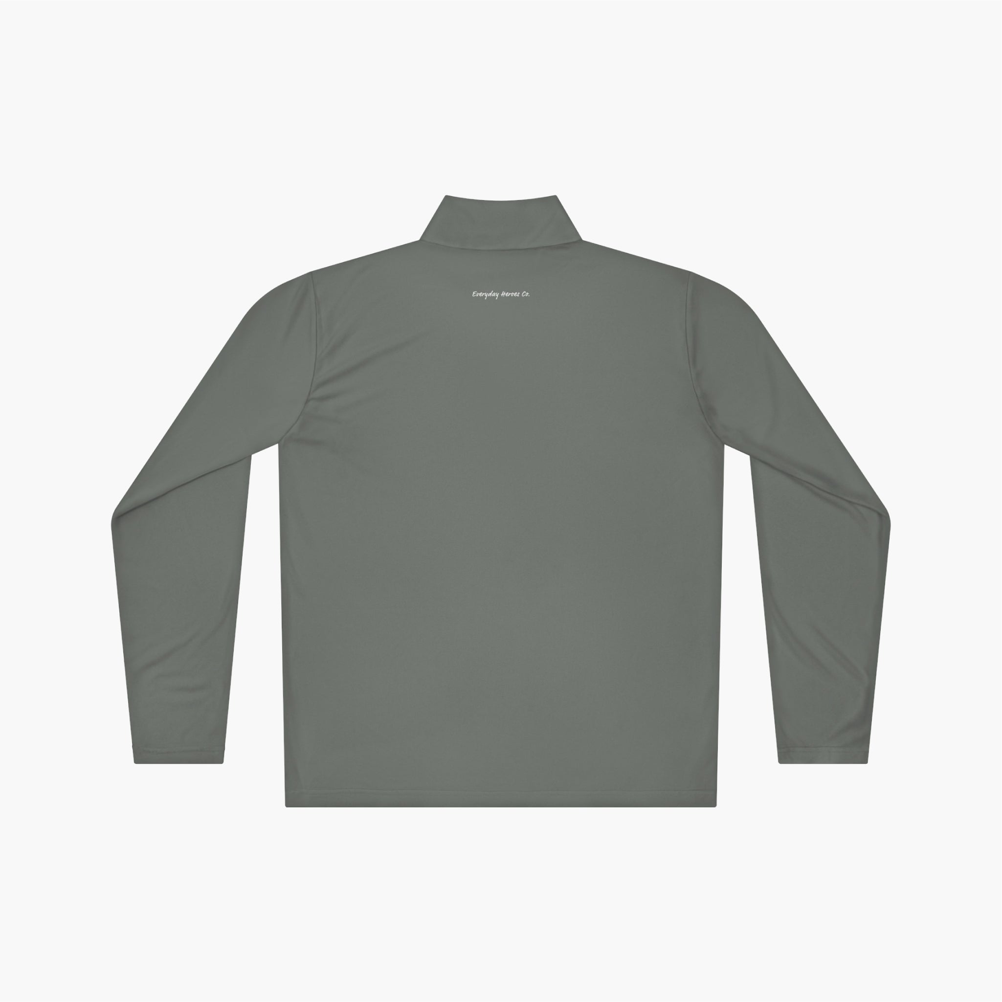 Back of Gray long-sleeve quarter zip with 'Everyday Hero' Logo text on a white background