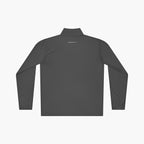 Back of grey long-sleeve quarter zip with 'Everyday Heroes Co.' text and dog illustration on a white background